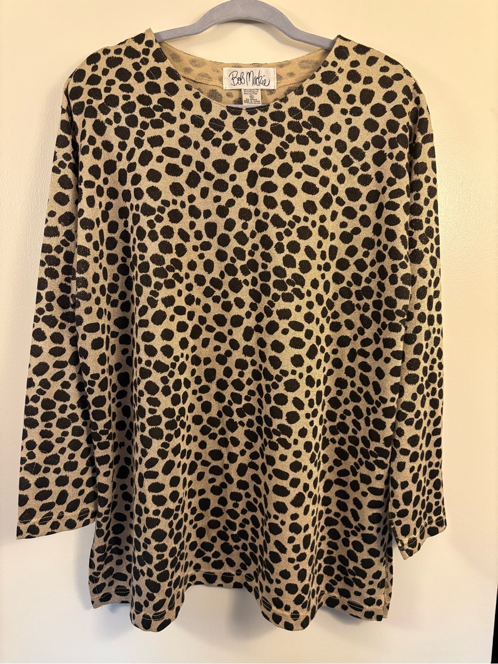 Bob Mackie Metallic Gold Leopard-Print Long Sleeve Top Wearable Art Vintage XL